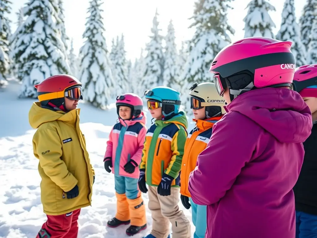 A heartwarming image of children participating in a snowboarding workshop organized by BLOCHNEVERGIVEUP, with Vincent Chaix mentoring and inspiring the young athletes.