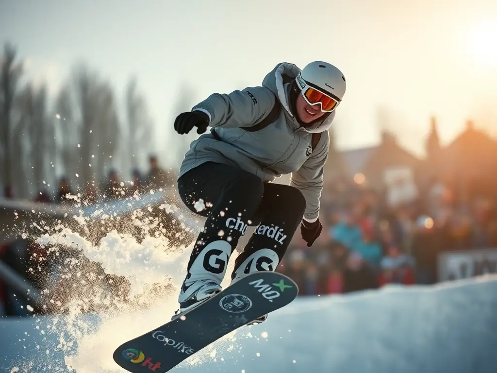 A dynamic image of Vincent Chaix participating in a snowboarding competition, showcasing his skill and determination, with the BLOCHNEVERGIVEUP logo subtly displayed in the background.